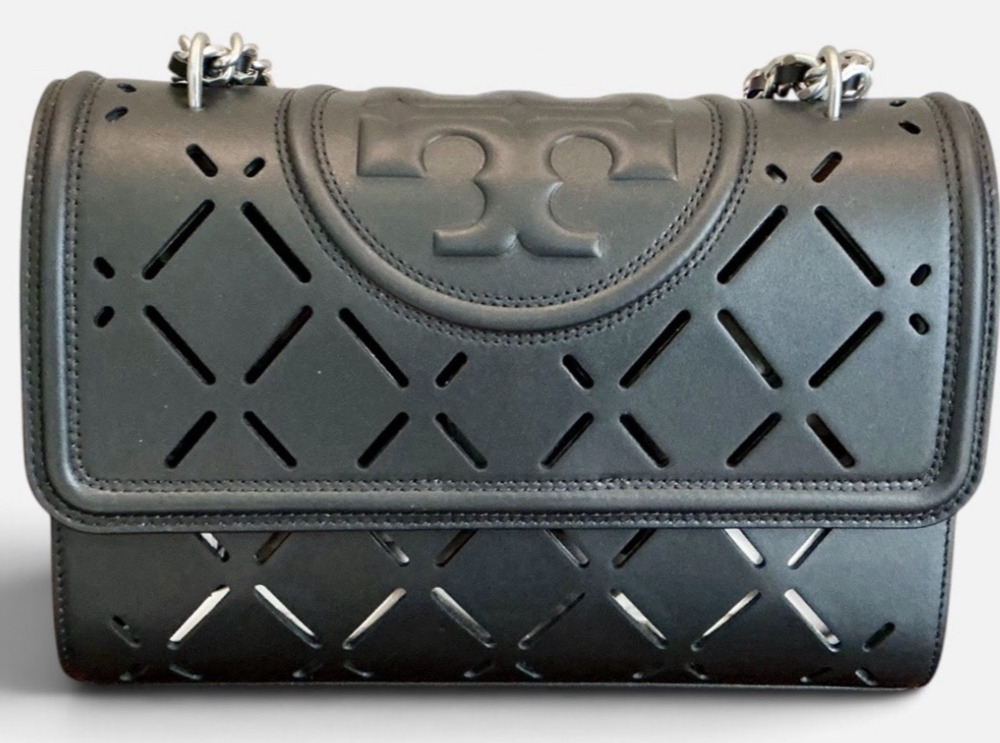Tory Burch Fleming Diamond Perforated Convertible Shoulder Black Matte Bag NWT